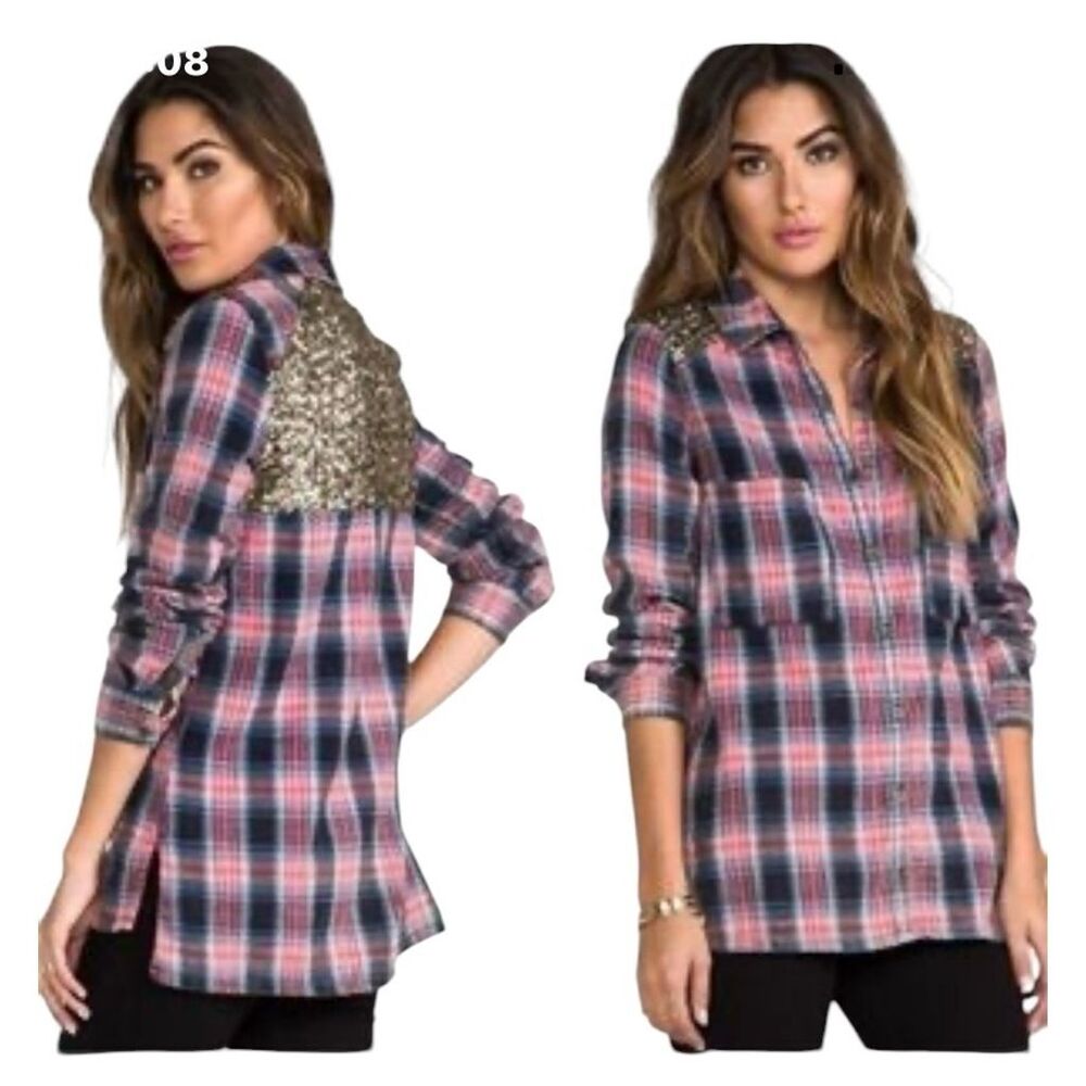 Free People Little‎ Bit of Sugar Women's M Sequin plaid flannel shirt
